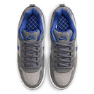 Top view of the IU7835001 Flint Grey Deep Royal Blue Paul Rodriguez Zoom Air Low Suede Skateboarding Shoes, featuring blue logos on the tongues, patterned insoles, grey laces, a suede upper, perforated toes, and durable traction.