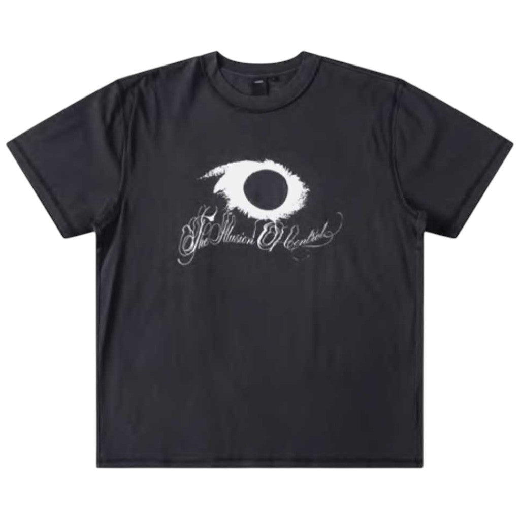 The Illusion Former Tee Washed Black features a striking white stylized eye graphic at the center with decorative script text below that reads “The Illusion Of Numbers.” Crafted from premium cotton, this vintage-inspired t-shirt offers standout style and lasting comfort.