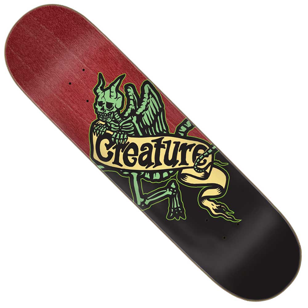 The Imp Relic Stumps Creature Skateboard Deck is 8.13in x 31.45in, made from 7 Ply Birch, and features a red/black gradient with a green skeleton demon holding a yellow Creature banner.
