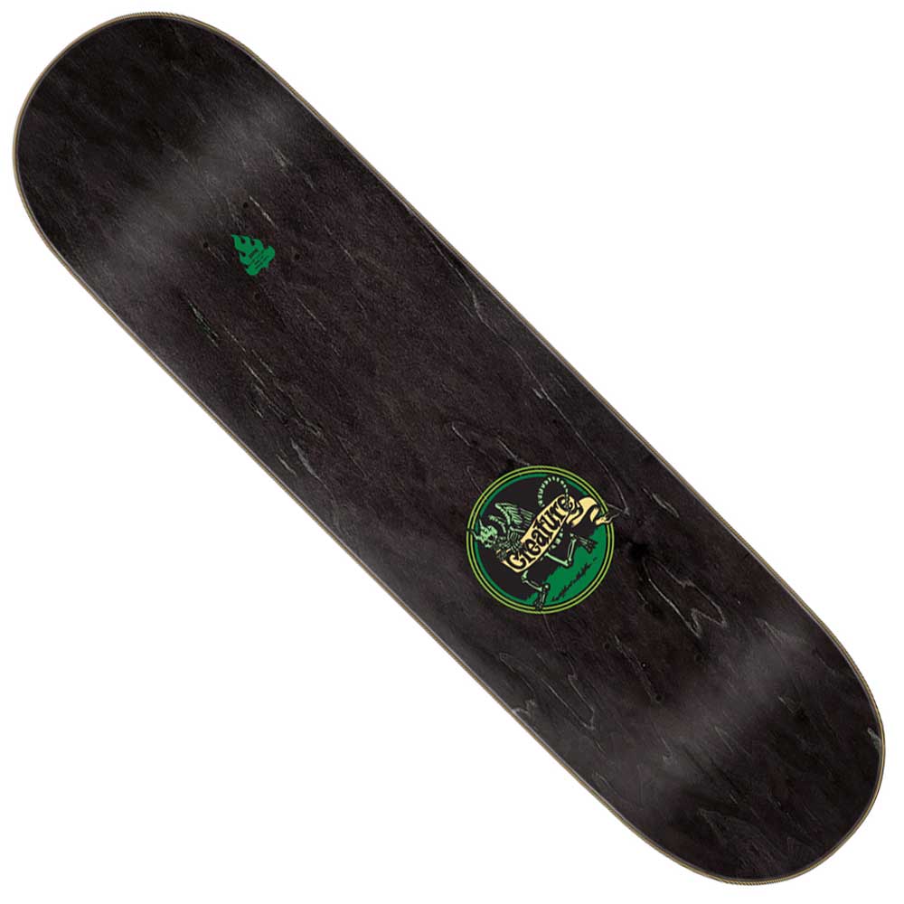 The Imp Relic Stumps 7 Ply Birch Creature Skateboard Deck, 8.13in x 31.45in, features a black design with a small green tree graphic at the top and a large green Creature logo with monster art near the bottom.