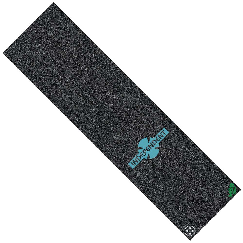 A rectangular sheet of Independent Legacy Logo Truck Co Grip Tape by Graphic Mob, measuring 9 x 33 inches, in black with a bold blue Independent Trucks logo centered and small white and green logos in the bottom corners.
