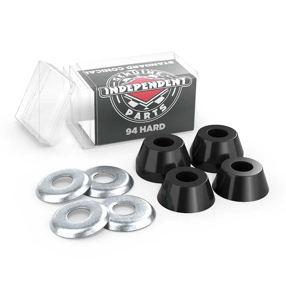 A set of four Indy Standard Conical Hard 94A Black skateboard bushings with high rebound urethane and four metal washers is shown beside a clear box labeled INDEPENDENT PARTS 94 HARD.