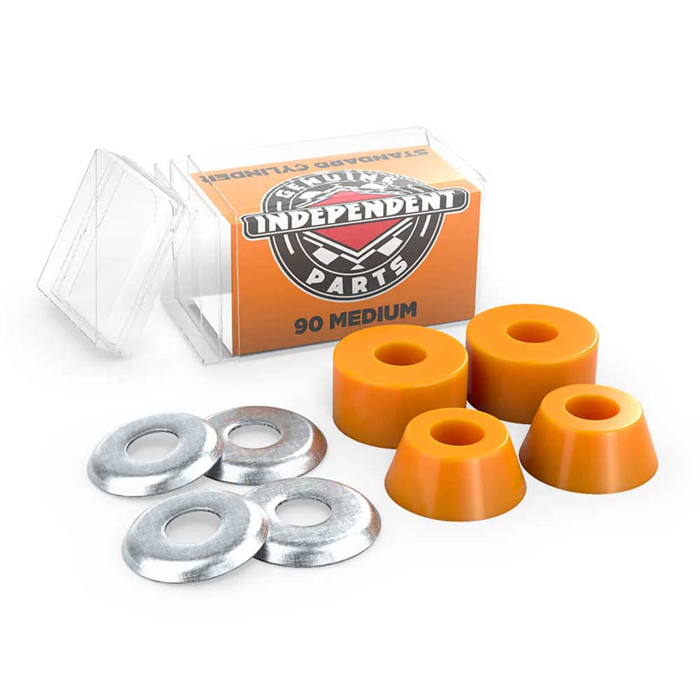 The Indy Standard Cylinder Cushions Medium 90A Orange set includes four orange high rebound urethane cushions, four silver washers, and comes in an open box labeled Independent Parts 90 Medium, shown on a white background for skateboard trucks.
