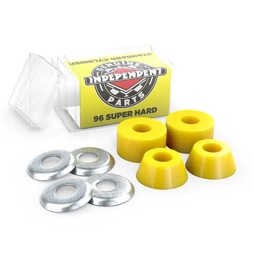 A set of Indy Standard Cylinder Cushions Super Hard 96A Yellow and four silver washers sit next to a clear plastic box with a yellow label reading Independent Parts 96 Super Hard.