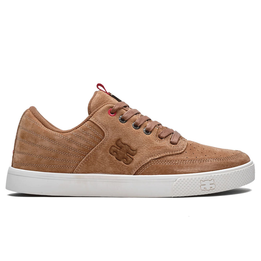 The Poet Suede Brown Suede I Path Shoes feature a brown suede upper, white rubber sole, brown laces, perforated toe, side stitching, and embossed logo—capturing classic skateboarding style. Shown from the left side on a white background.