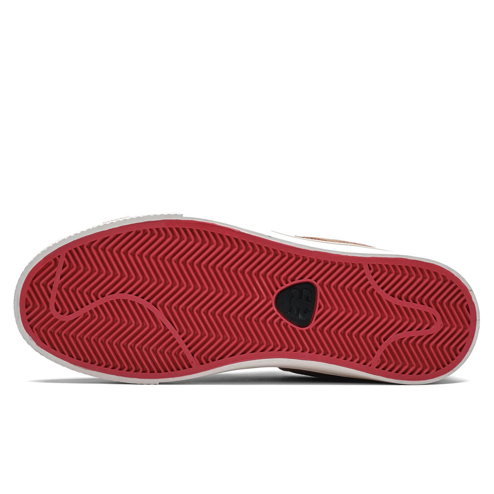 The image displays the sole of the Poet Suede Brown Suede I Path Shoes Skateboarding, showing a red herringbone tread with a small black section near the center and a light gray outer edge.