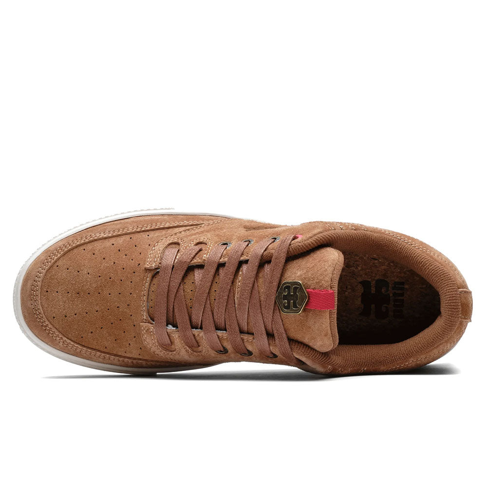 Top view of Poet Suede Brown Suede I Path Shoes Skateboarding, featuring a perforated toe box, brown laces, red accent and gold logo on the tongue, white sole, and visible insole logo.