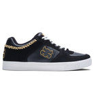 The Kenny Reed Low Vulc Black Leather Suede I Path Skateboarding Shoes feature a black and dark gray design with white laces, a white sole, gold stitching on the heel, and a bold gold side logo.