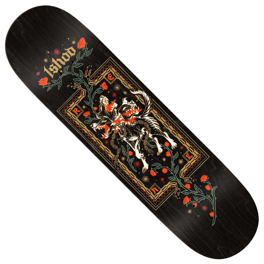 The Ishod Cat Cerebrus Tail 8.38x32.1 Black Real Skateboard Deck features an intricate design of two tigers fighting amid red roses and green vines, with “Bhood” at the top and “REVERENCE” bordering the artwork.