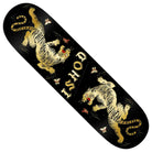 The Ishod Cat Scratch Twin Tail 8.5x32.2 Black Real Skateboard Deck features two yellow tigers with red mouths facing each other, "ISHOD" in bold text, and scattered red-and-white flowers on a sleek black background.
