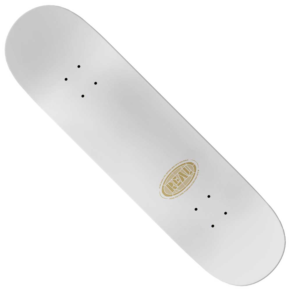 The Ishod Cathedral 8.25x31.8 Twin Tail Real Skateboard Deck is white with a small gold oval logo and "REAL" near one end. This deck comes without grip tape, trucks, or wheels, ready for you to create your custom setup.