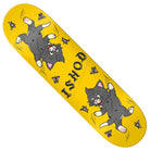 The Ishod Kitten Scratch 8 Twin Tail Real Skateboards deck features cartoon illustrations of a gray cat chasing purple flies, with the bold word ISHOD placed between the two cat drawings. This playful design stands out, and its twin tail shape adds versatility for every rider.