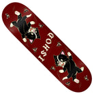 The Ishod Kitten Scratch 8.25 Twin Tail from Real Skateboards features a vibrant red deck adorned with two playful cartoon black cats sporting white paws and faces, surrounded by delicate flowers and stars. Bold white “ISHOD” lettering stands out at the center, perfectly embodying the whimsical charm of the Ishod Kitten Scratch series.