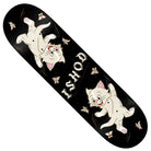 The Ishod Kitten Scratch 8.5x32.25 Twin Tail Real Skateboards deck showcases two light-colored cartoon kittens with pink noses and paws, surrounded by tiny flies, set against a black background. Playful "ISHOD" lettering is displayed between the kittens—ideal for fans of the Kitten Scratch Twin Tail design by Real Skateboards.