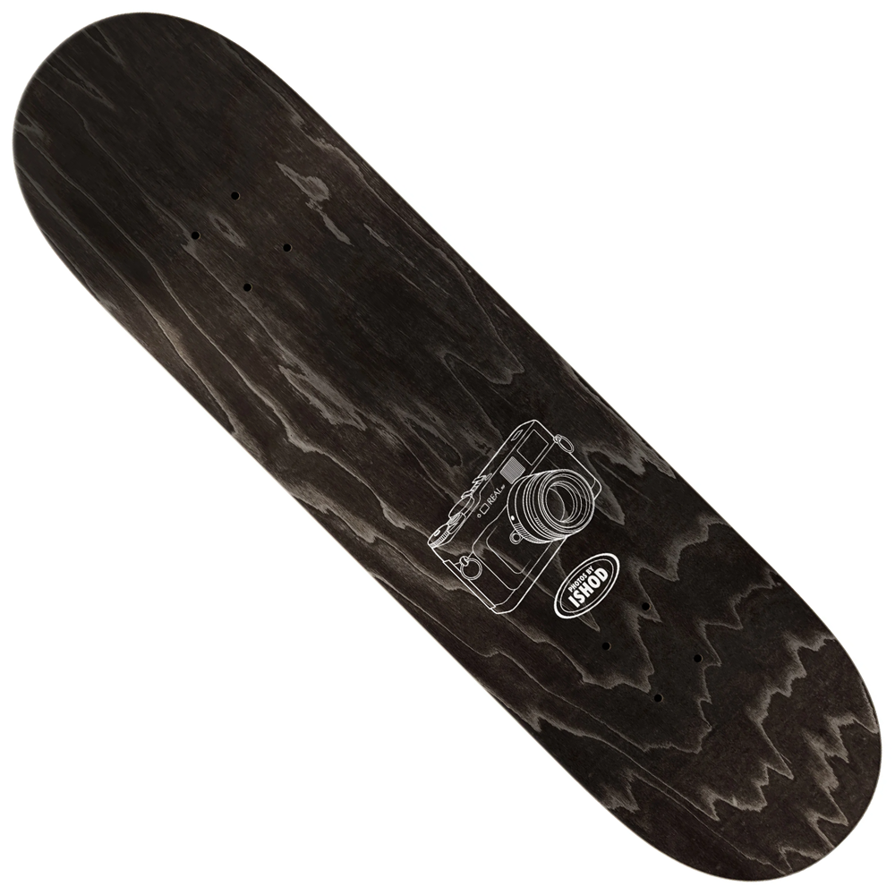 The Ishod Photos Twin Tail SLICK 8.3x32.2 Real Skateboard Deck features a black finish with swirling wood grain, plus a white camera graphic in the center, accented by red and silver details.