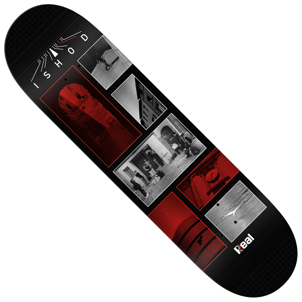 The Ishod Photos Twin Tail SLICK 8.3x32.2 Real Skateboard Deck features Ishod's name at the top, the Real logo at the bottom, and a collage of black, red, and silver-toned urban photos in the center.