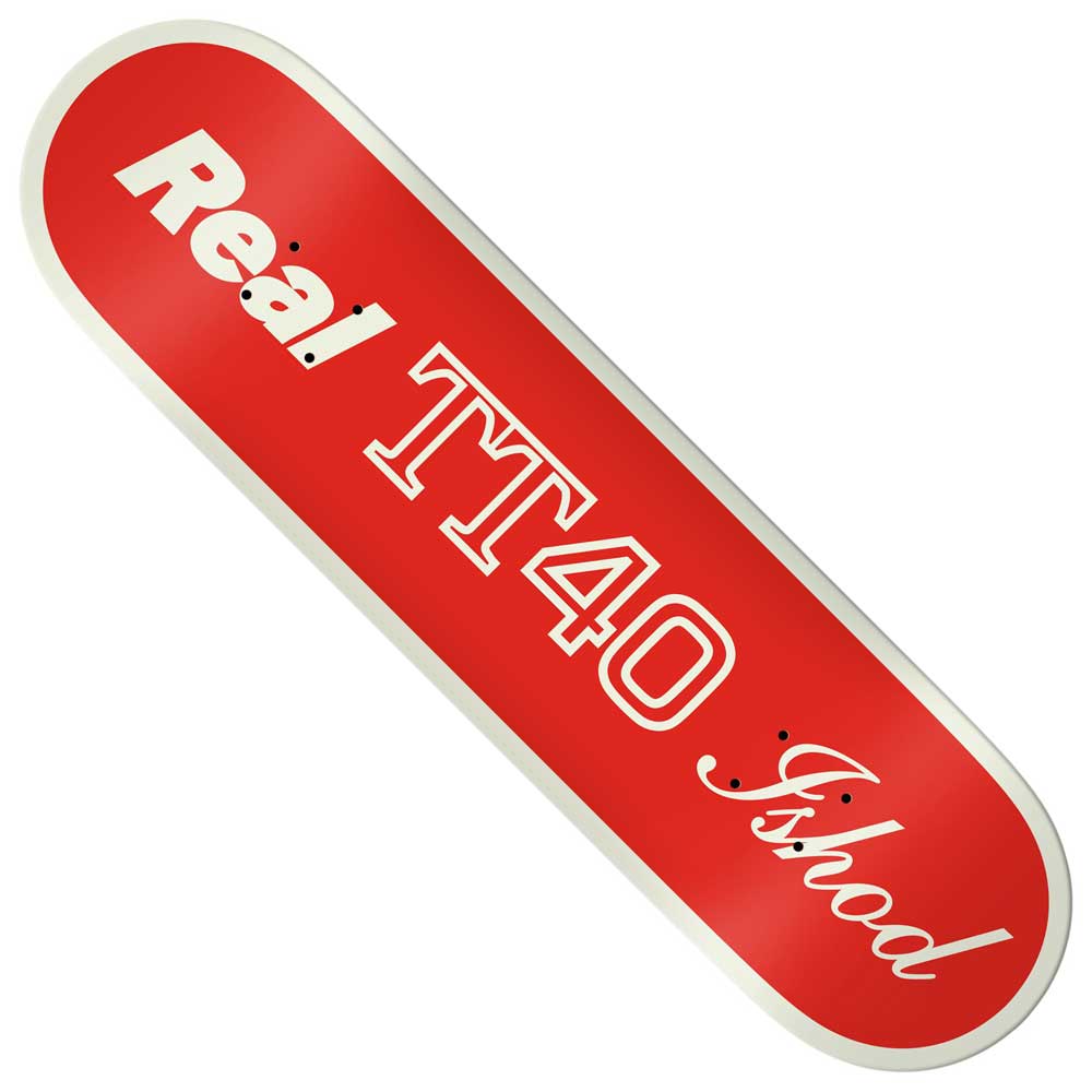 Ishod Shapecode 8.5x32.25 Twin Tail Real Skateboards deck with a red center stripe featuring white text that reads Real TT40 Ishod.