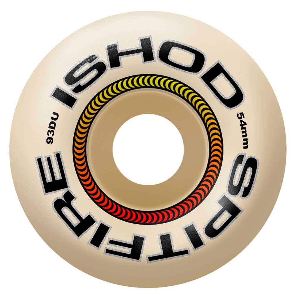 A beige Ishod Wair F4 Lock In Classic 54mm 93A Spitfire wheel with “SPITFIRE ISHOD” in black and gold at the center and a yellow, red, and black circular core pattern.