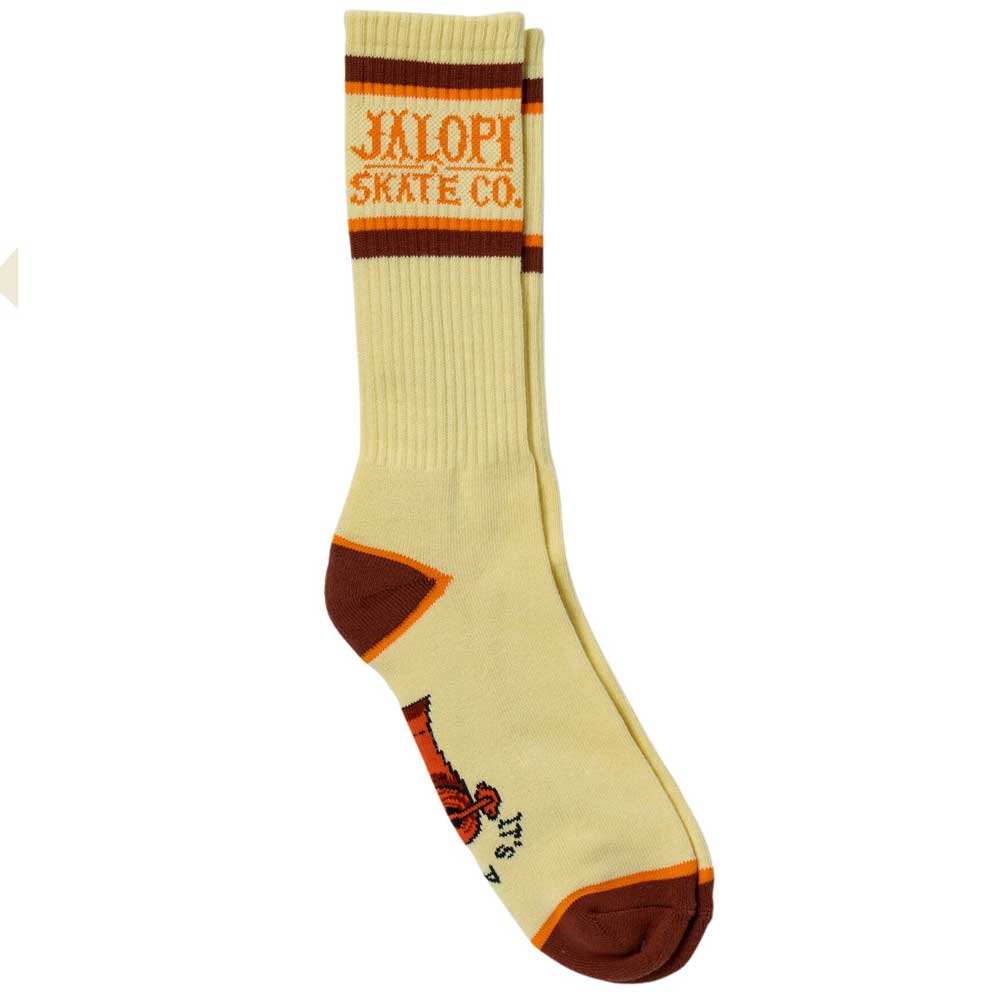 Introducing the Its a Rip Off Cream Anti Hero Skateboards Socks—cream and brown socks featuring bold orange "JALOPI SKATE CO." text at the cuff, inspired by iconic Rip Off Cream aesthetics. Orange stripes and accents highlight the cuff, toe, and heel for that classic skateboarding sock look. Complete with a subtle graphic detail near the foot, these socks capture the essence of Anti Hero Skateboards while delivering unbeatable comfort and style.