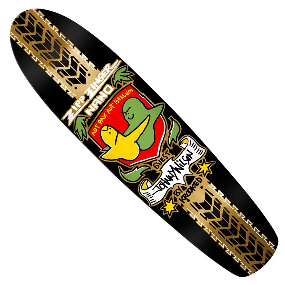 A J Wilson Zinger Nano 7.37 Krooked Skateboards Deck Shaped in black, adorned with gold tire track graphics and cartoon birds in red, green, and yellow, featuring the phrases “Zipp Zinger Award,” “Anti Rat Anti Bellum,” “Tommy Nigiri Box Hosted,” along with a subtle tribute to J Wilson Zinger.