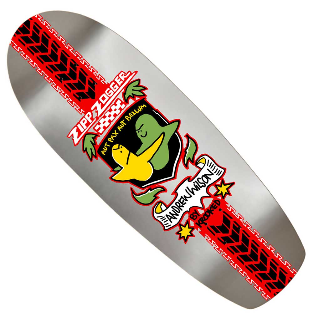 A silver J Wilson Zogger 10.75 Krooked Skateboards Deck Shaped featuring bold red tire tracks, playful cartoon frogs embracing beneath the Zippy Zlogger logo, and stylized “Andrew Wilson” lettering framed by stars and a ribbon—a one-of-a-kind collaboration inspired by the classic J Wilson Zogger series.