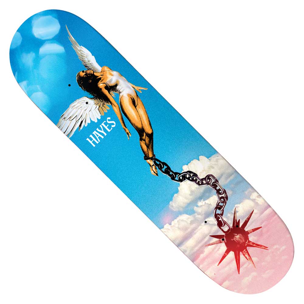 Showcasing the Jake Hayes Ascension 8.6 Deathwish Skateboards Deck, this board features an angelic woman with wings chained to a spiked metal ball, set against a vivid blue sky with clouds. The name “HAYES” appears near the angel, highlighting this unique Jake Hayes signature deck from Deathwish Skateboards.