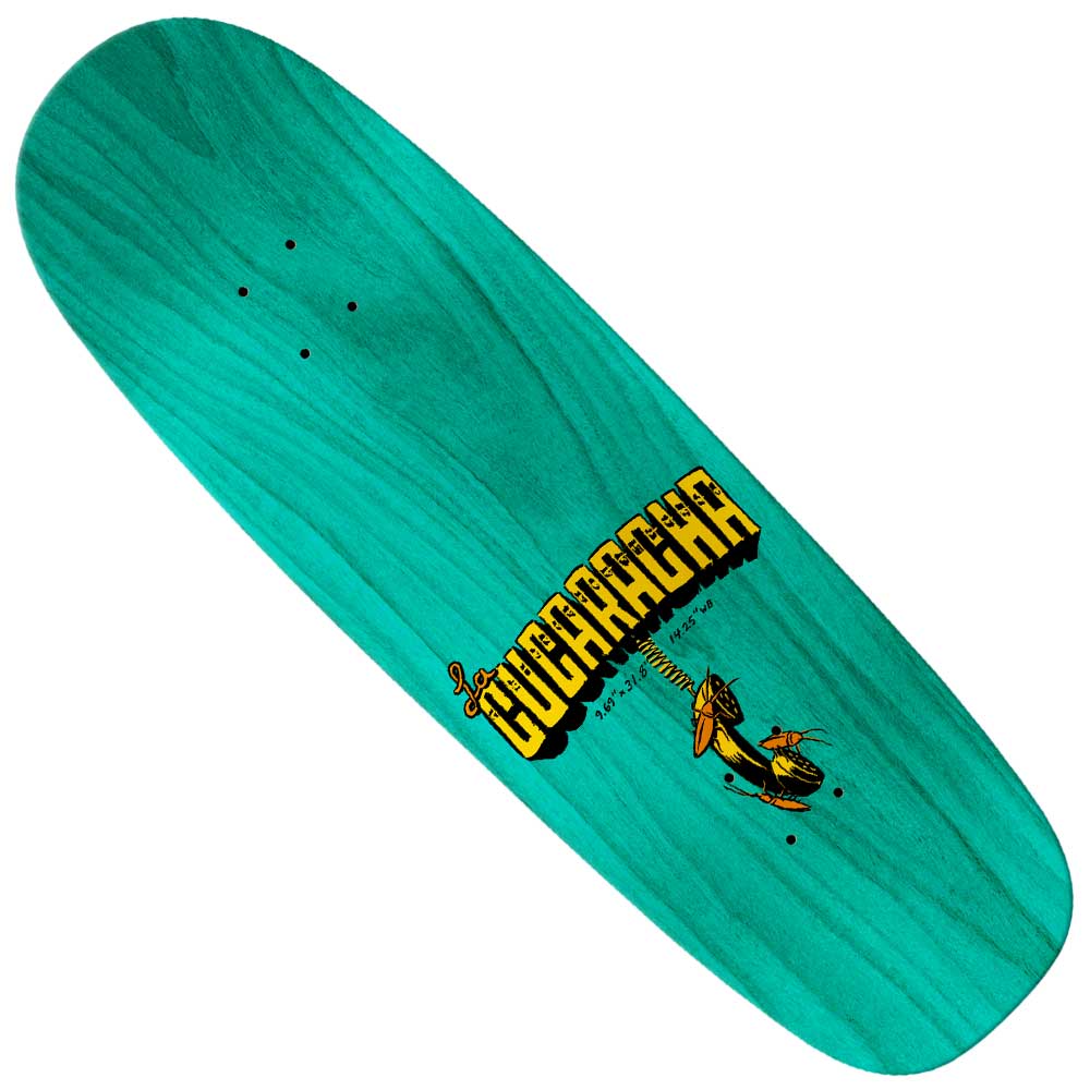 The Jalopi Cucaracha 9.69 Shaped Anti Hero Skateboards deck is turquoise, with "La Cucaracha" in yellow and black beside a cartoon of two cockroaches playing musical instruments.