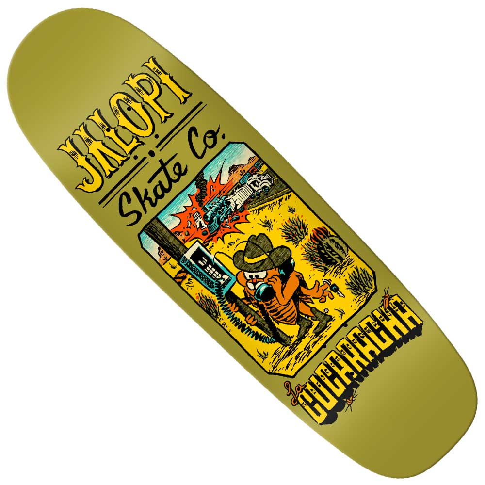 The Jalopi Cucaracha 9.69 Shaped Anti Hero Skateboards Deck features an olive green base, "Anti Hero" branding on top, and colorful artwork of a cartoon cockroach with a hat and phone in a desert scene, plus “La Cucaracha” details at the bottom.