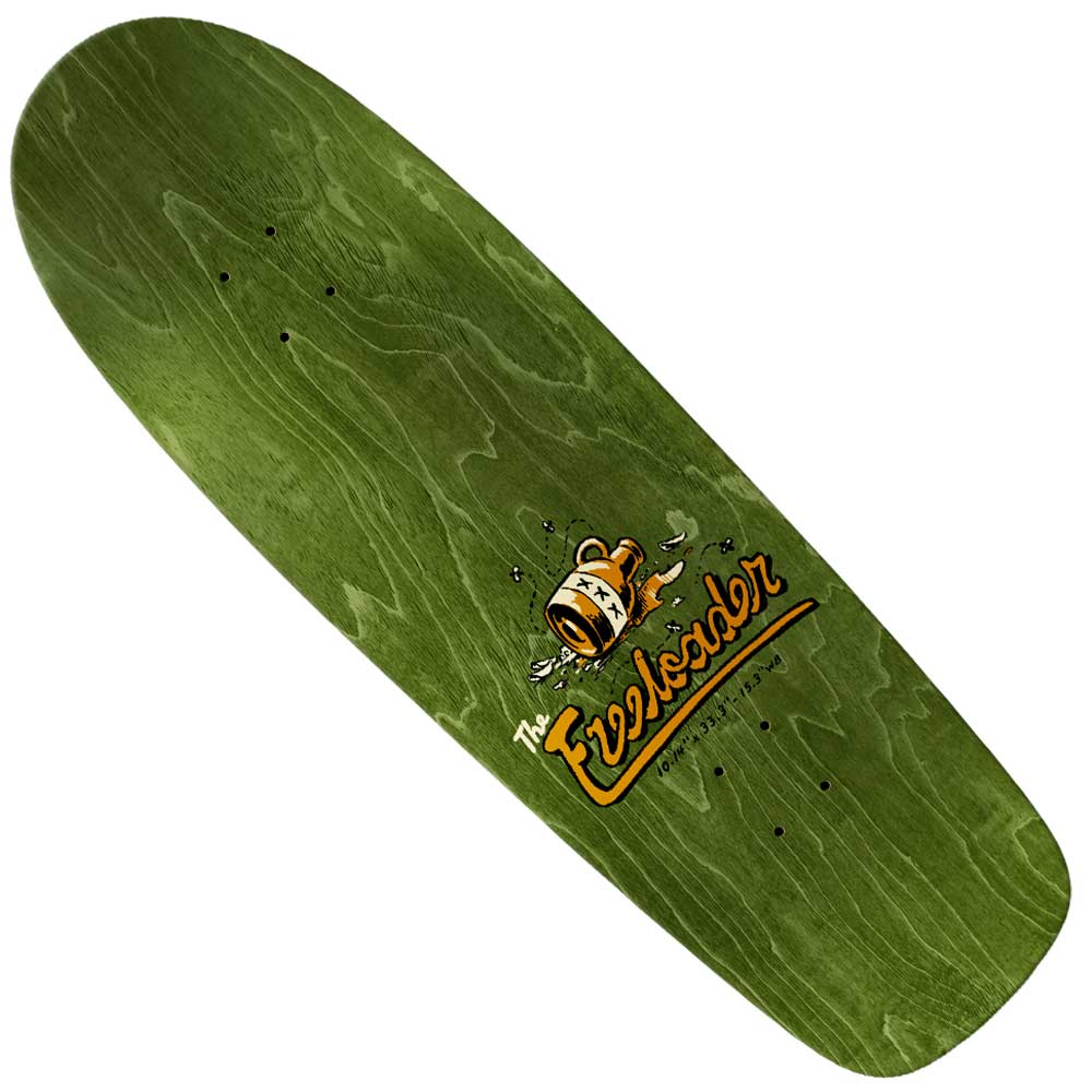 The Jalopi Freeloader 10.14 Shaped Anti Hero Skateboards Deck is green, made of wood, features a cartoon bee and "The Exxelador" in orange. It has pre-drilled holes for trucks; grip tape and wheels are not included.