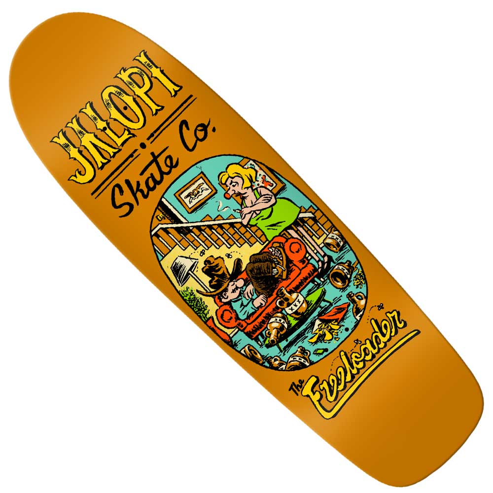 The Jalopi Freeloader 10.14 Shaped Anti Hero Skateboards Deck features a retro cartoon messy living room scene with a man, woman, dog, pizza, and cans—plus "Jakopi Skate Co." and "The Evergreen" accents on its orange design.