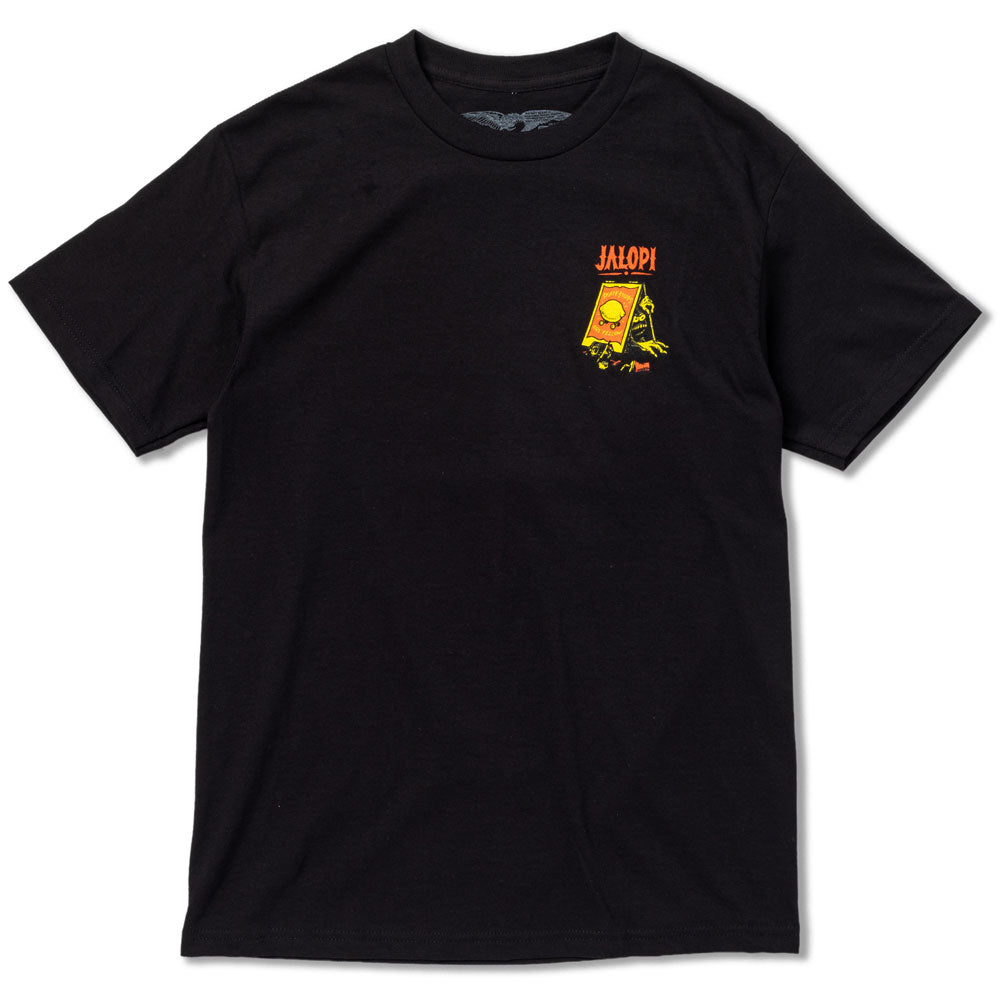The Jalopi Shop Lurker Black Tee by Anti Hero Skateboards features a small, colorful JALOPI graphic on the left chest—ideal for Skateshop Day and perfect for anyone in the skateboarding community.