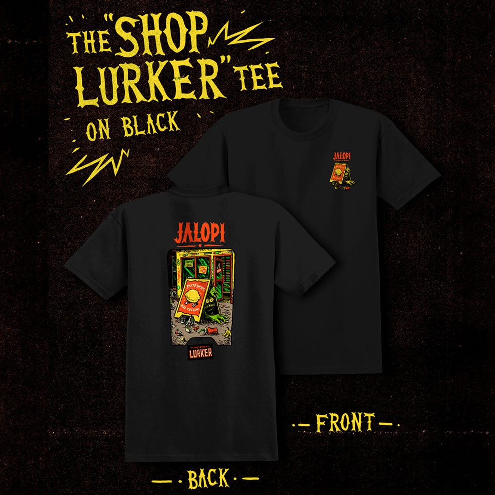The Jalopi Shop Lurker Black Tee by Anti Hero Skateboards features a small front graphic, a colorful shop door illustration on the back, and bold yellow text—ideal for Skateshop Day celebrations in the skateboarding scene.