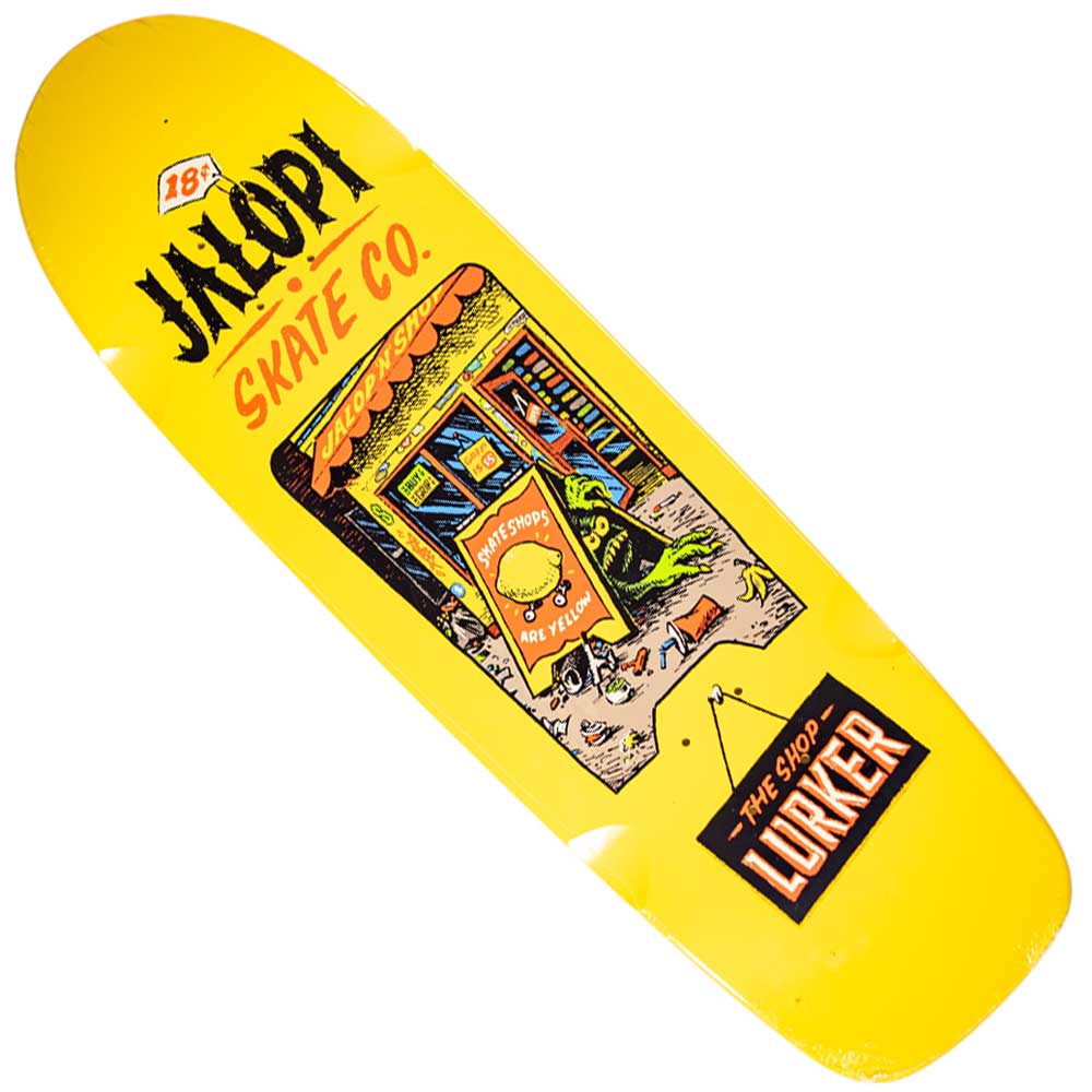 The Jalopi Shop Lurkers 9.1 Yellow Dip Deck by Anti Hero features comic-style art and bold Skateshop Day branding—perfect for celebrating the vibrant skateboarding community.