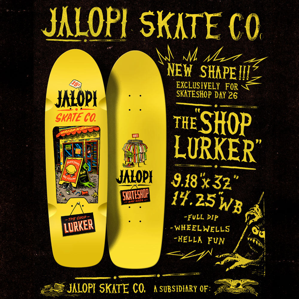 Two yellow Jalopi Shop Lurkers 9.1 Yellow Dip Decks by Anti Hero, featuring cartoon graphics and Skateshop Day logos, are displayed on black with text highlighting their new shape and limited release for Skateshop Day.