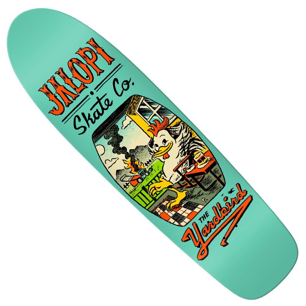 The Jalopi Yardbird 9.81 Shaped Anti Hero Skateboards Deck shows a cartoon chicken with a cigar at a table, cityscape and smoke behind, plus Jakopi Skate Co. and The Yardbird text—perfect for fans of unique decks.