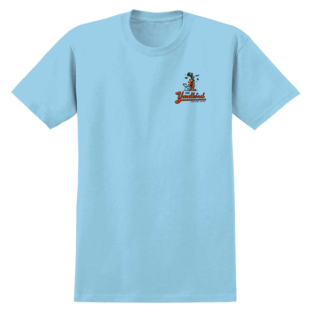 The Jalopi Yardbird Short Sleeve Blue Tee by Anti Hero Skateboards features a small left chest graphic of a cowgirl on a bucking horse above “Yeehaw! Howdy!” in red text with black underline, inspired by skate style.