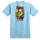 The Jalopi Yardbird Short Sleeve Blue Tee features a cartoon bird grilling and "Jalopi Skate Co." in cursive on the back, channeling the playful spirit of Anti Hero Skateboards.