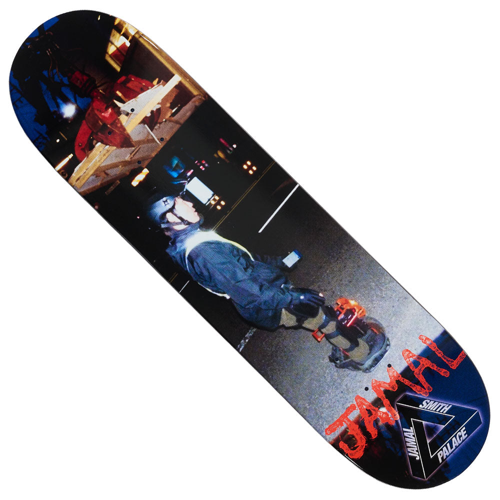 Jamal Pro 8.25x31.5 S45 Collage Palace Deck featuring a collage of a person in a helmet and protective gear, with the red text JAMAL and a logo containing the words JAMAL SMITH PALACE at the bottom.