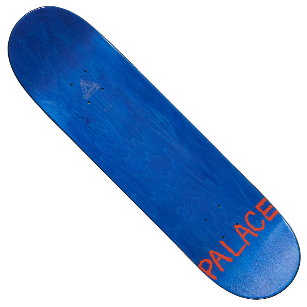 Jamal Pro 8.25x31.5 S45 Collage Palace Deck featuring a blue wood grain pattern and the word PALACE printed in orange near the tail.