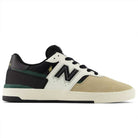 The Incense Black Jamie Foy Cup 306 CBB New Balance Numeric Suede Skateboarding Shoes feature a black, beige, white, and green design with a white N logo, black laces, beige suede toe, and a white midsole with black accents.