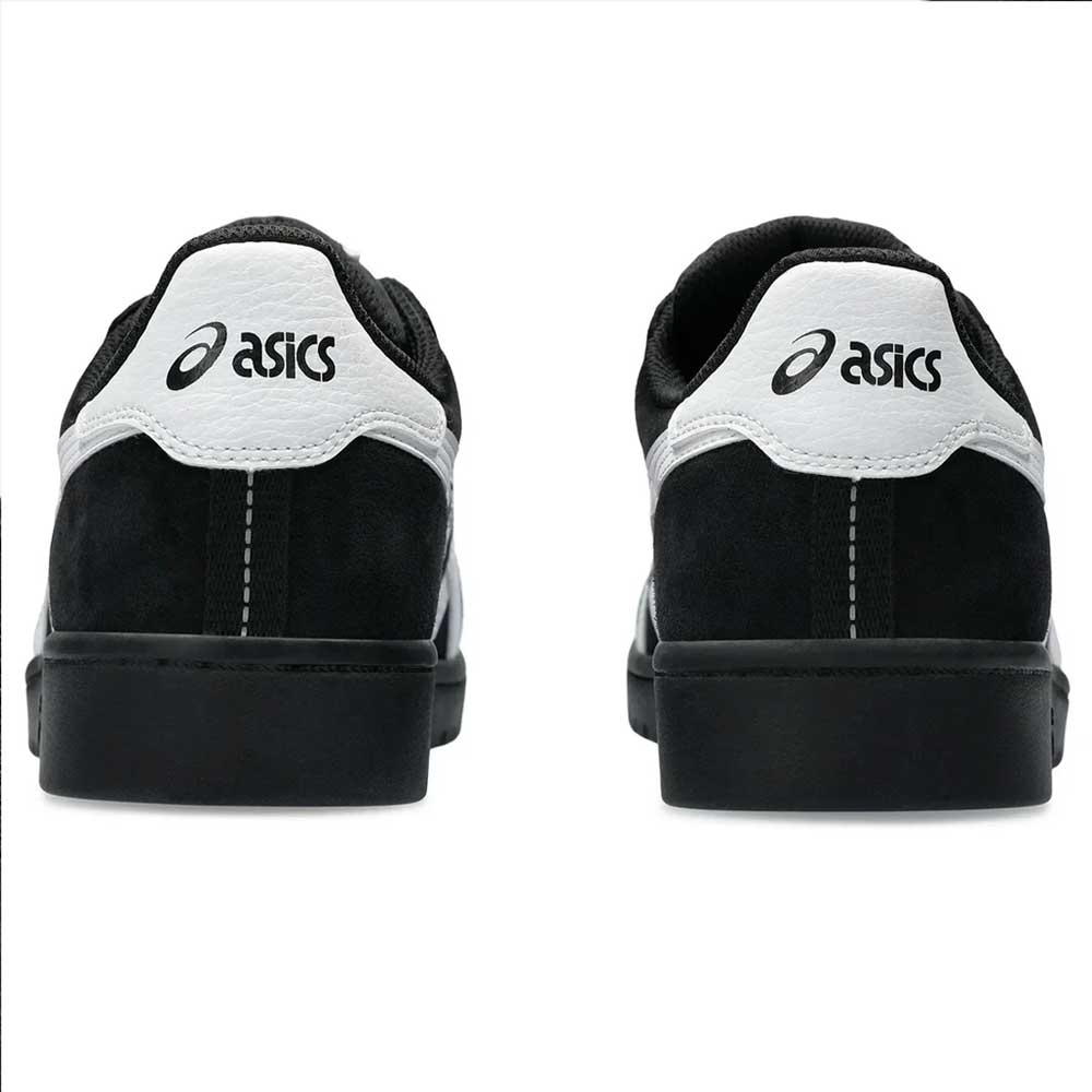 Rear view of Japan Pro Asics Black White 1201A92001 Suede Skateboarding Shoes, featuring the ASICS logo on the white heel, black soles, and durable suede uppers.