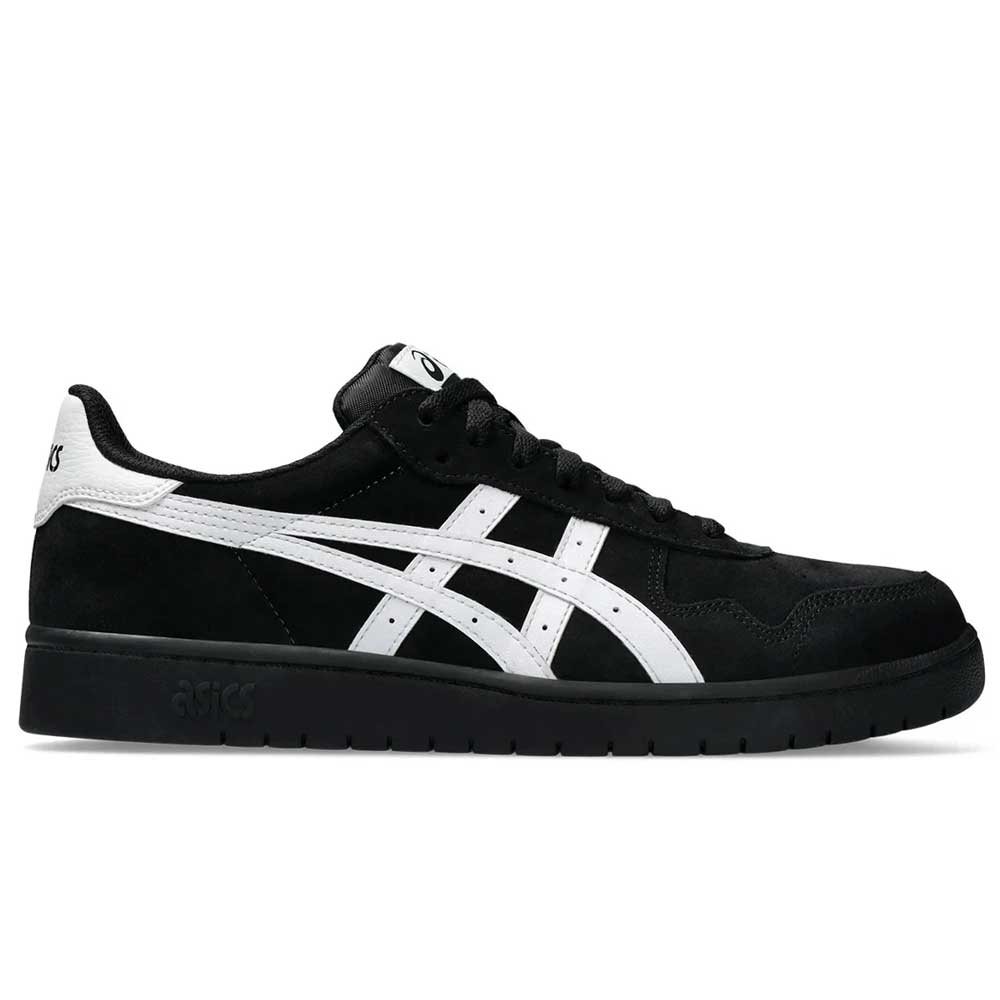 The Japan Pro Asics Black White 1201A92001 Suede Skateboarding Shoes feature a black suede upper, white accents and side stripes, black sole and laces, plus the ASICS Japan Pro logo on the tongue and heel.
