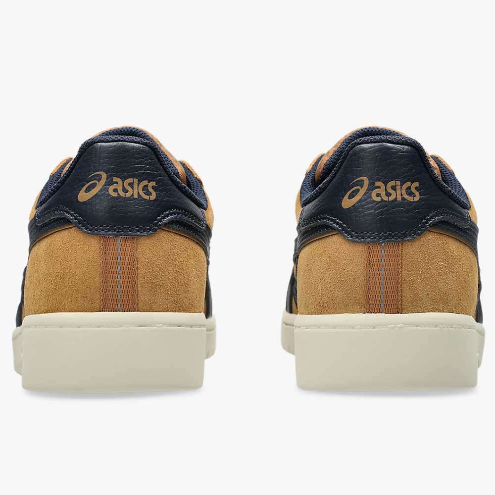 Back view of two Japan Pro Asics Caramel Midnight 1203B203200 Suede Skateboarding Shoes in tan suede and dark blue with beige soles.