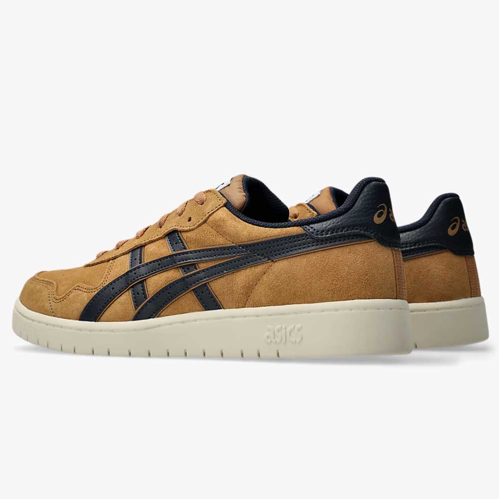 Japan Pro Asics Caramel Midnight 1203B203200 suede skateboarding shoes in tan with dark blue side stripes and soles.
