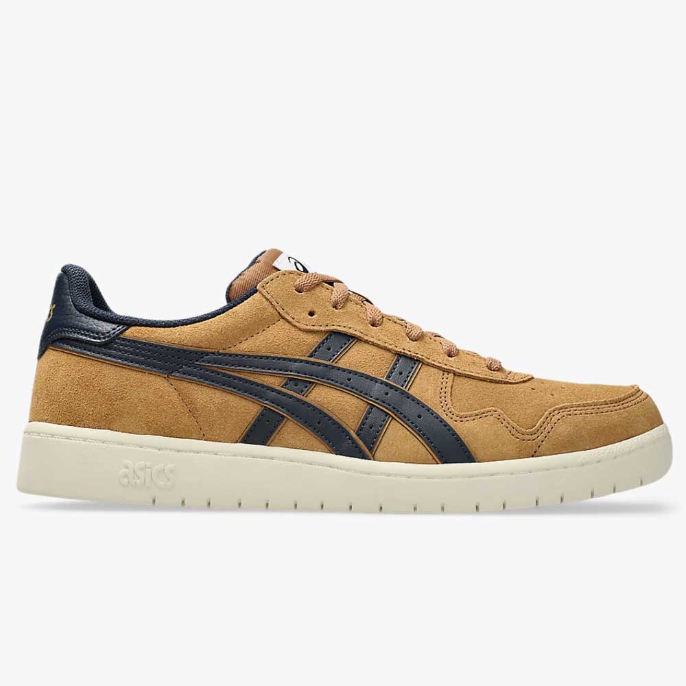 Japan Pro Asics Caramel Midnight 1203B203200 suede skateboarding shoes in tan with navy blue side stripes and a light cream sole.