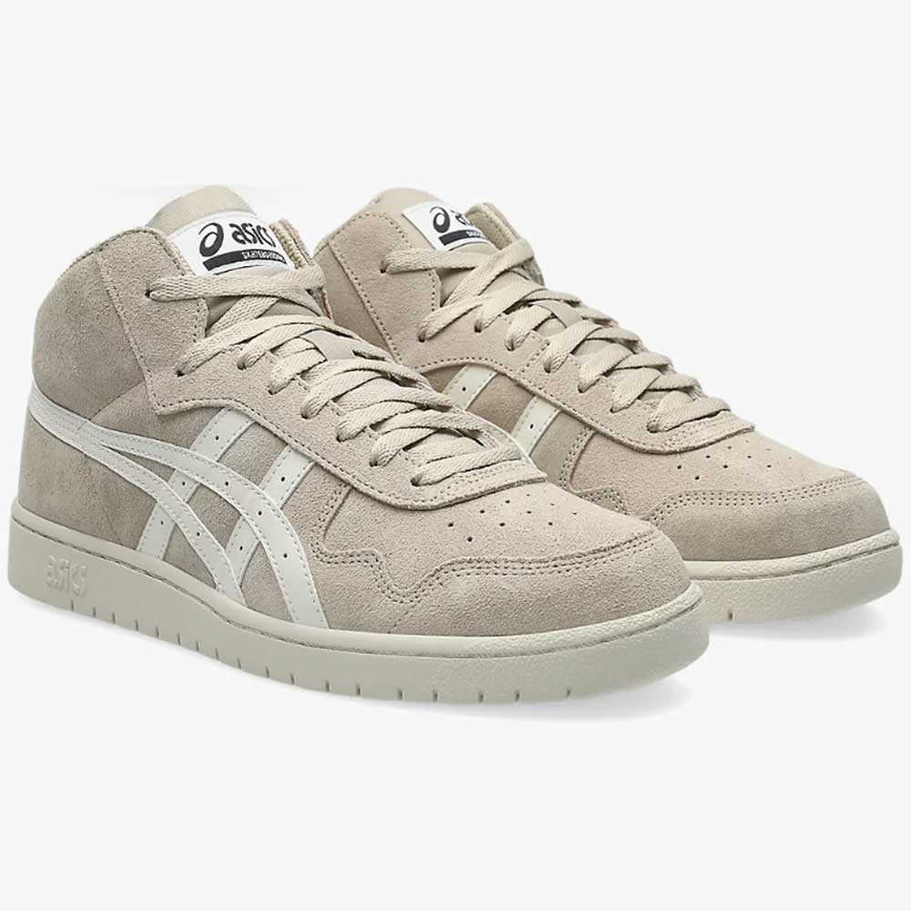 A pair of Japan Pro MT Asics Feather Grey Cream 1201B033020 suede skateboarding shoes with white stripes, perforated toe boxes, and beige laces are displayed against a plain white background.