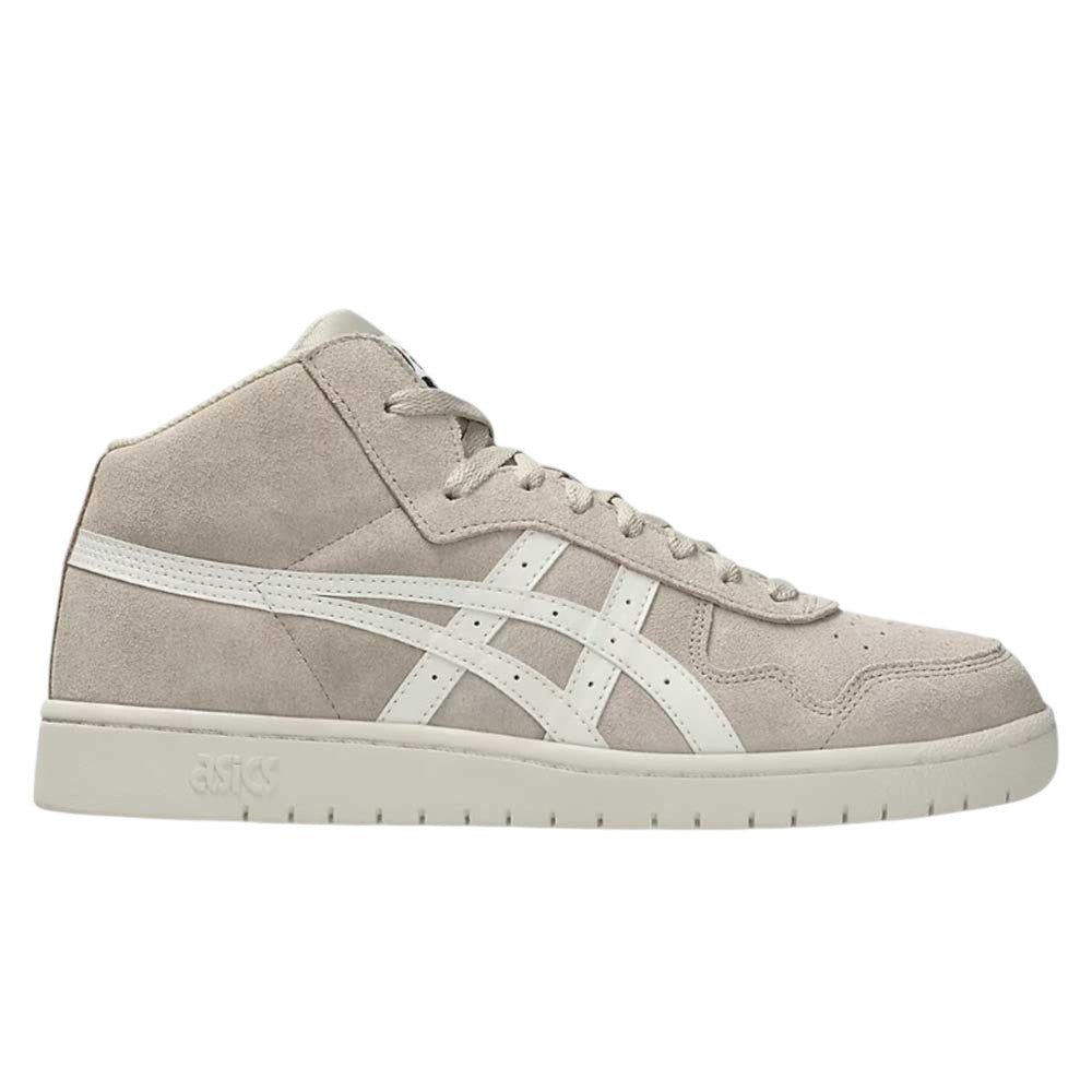The Japan Pro MT Asics Feather Grey Cream 1201B033020 Suede Skateboarding Shoe features a premium feather grey suede upper, white laces, signature white ASICS stripes on the side, and a white rubber sole. Displayed in a side profile against a plain white background.