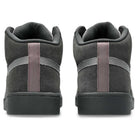 A rear view of the Japan Pro MT Asics Graphite Gray Cay Red 1203B088 021 suede skateboarding shoes featuring dark gray uppers, textured gray soles, gray side stripes, and mauve heel tabs, placed side by side on a white background.
