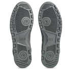 The image shows the soles of Japan Pro MT ASICS Graphite Gray Cay Red 1203B088 021 suede skateboarding shoes, featuring a textured tread with geometric and circular patterns and the ASICS logo centered on each sole.