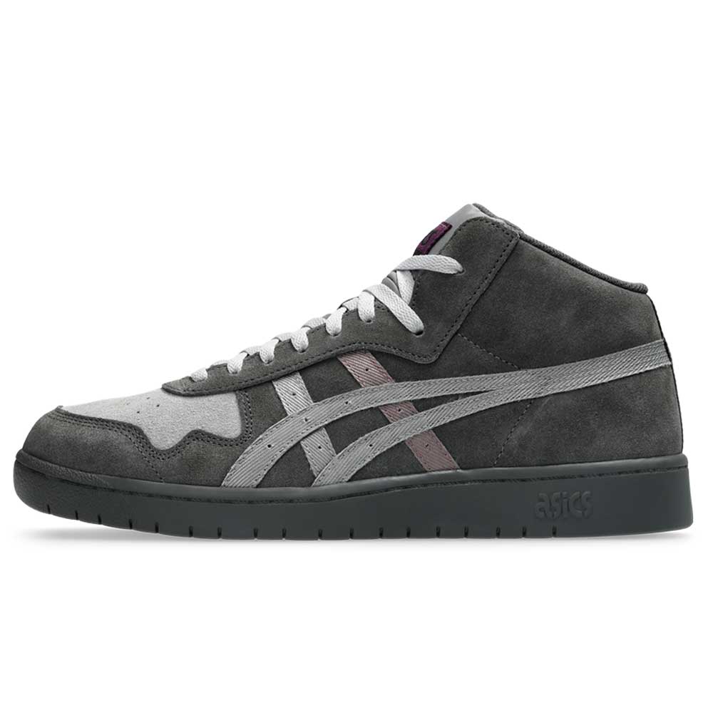The Japan Pro MT Asics Graphite Gray Cay Red 1203B088 021 Suede Skateboarding Shoes feature a grey and dark grey suede upper, white laces, black sole, and lighter grey Asics stripes. Side profile photographed on a white background.